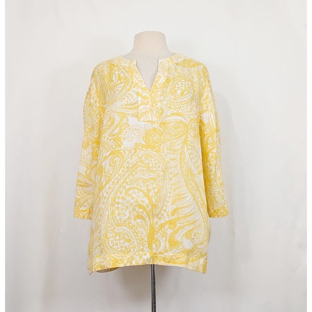 Chico's Tunic Top Yellow White Paisley Sequin Linen Women's Size 3 XL